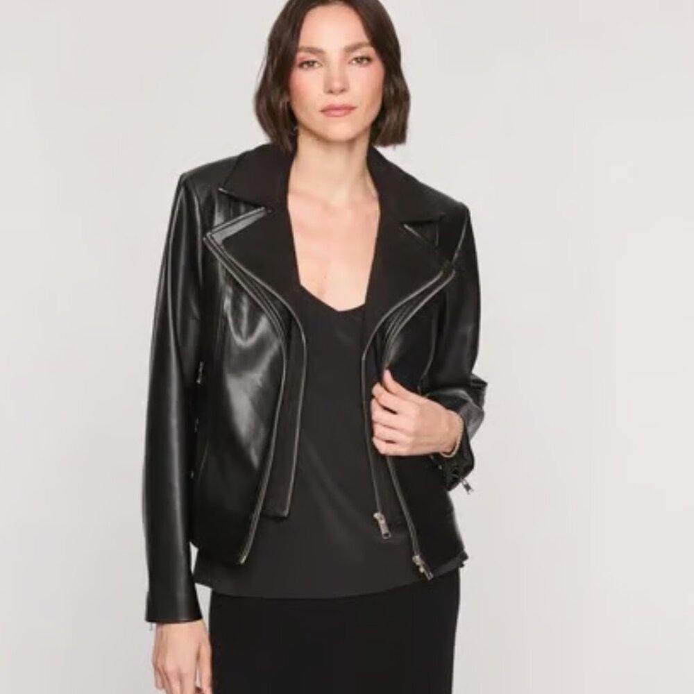 The Cashmere Project Faux Leather Layered Jacket in Noir Size M